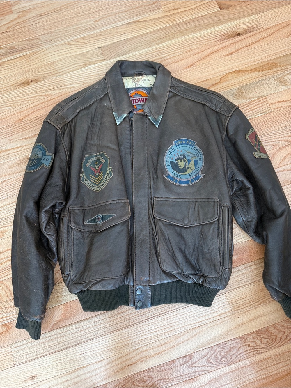 Brown Leather Bomber Jacket with Patches
